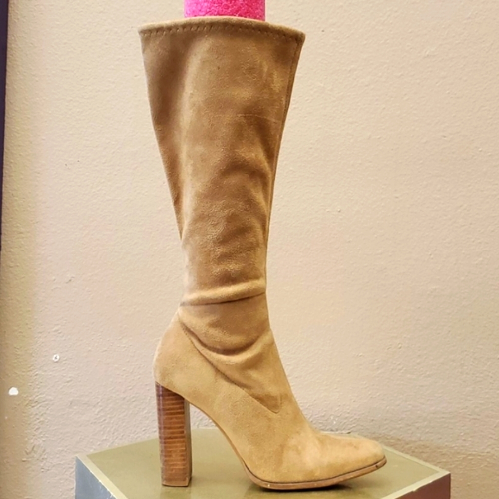 Blonde Brown faux heeled tall heeled boots